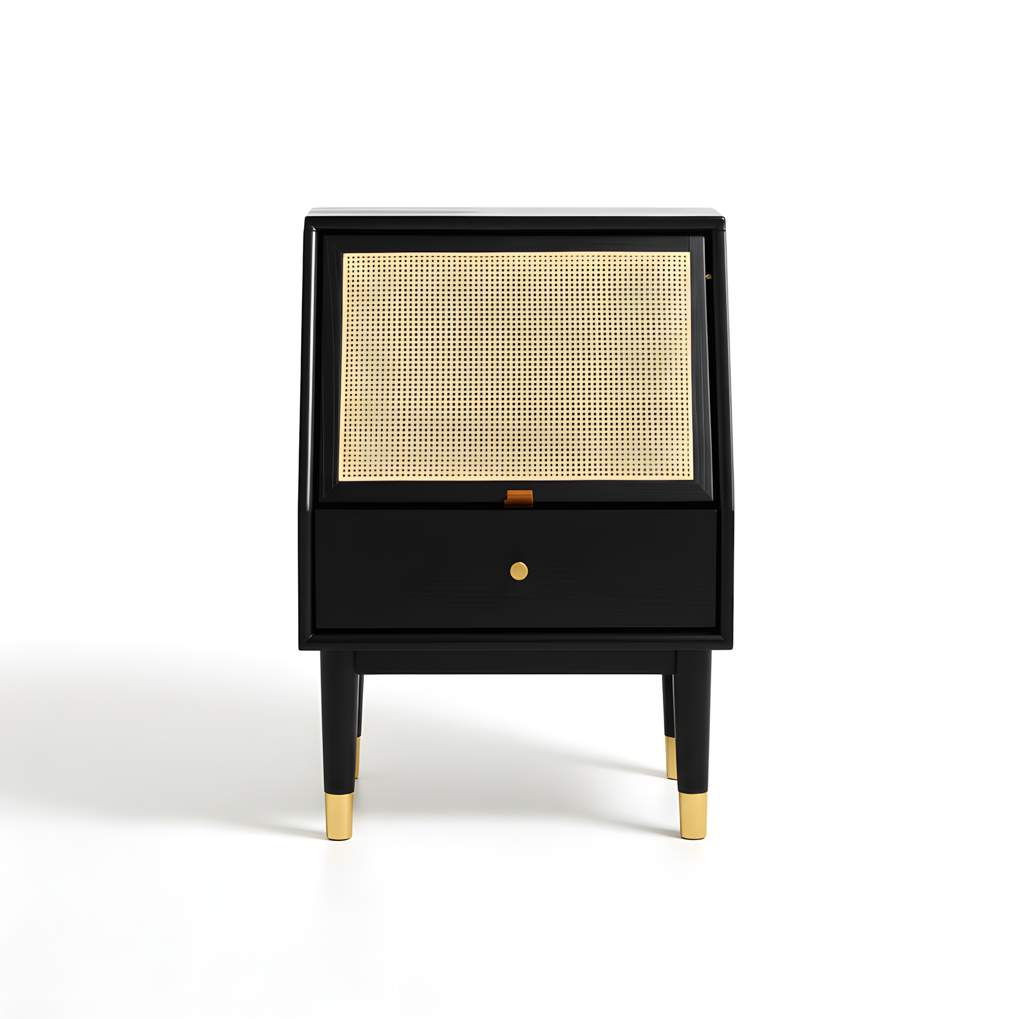 Black Solid Oak Wood Bedside Table Side Storage End Table Shelf w/ Cane Drop-Down Door, Minimalist Nightstand w/ Drawer & Shelf, Easy to Assemble