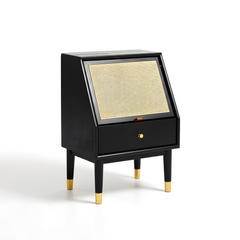 Black Solid Oak Wood Bedside Table Side Storage End Table Shelf w/ Cane Drop-Down Door, Minimalist Nightstand w/ Drawer & Shelf, Easy to Assemble