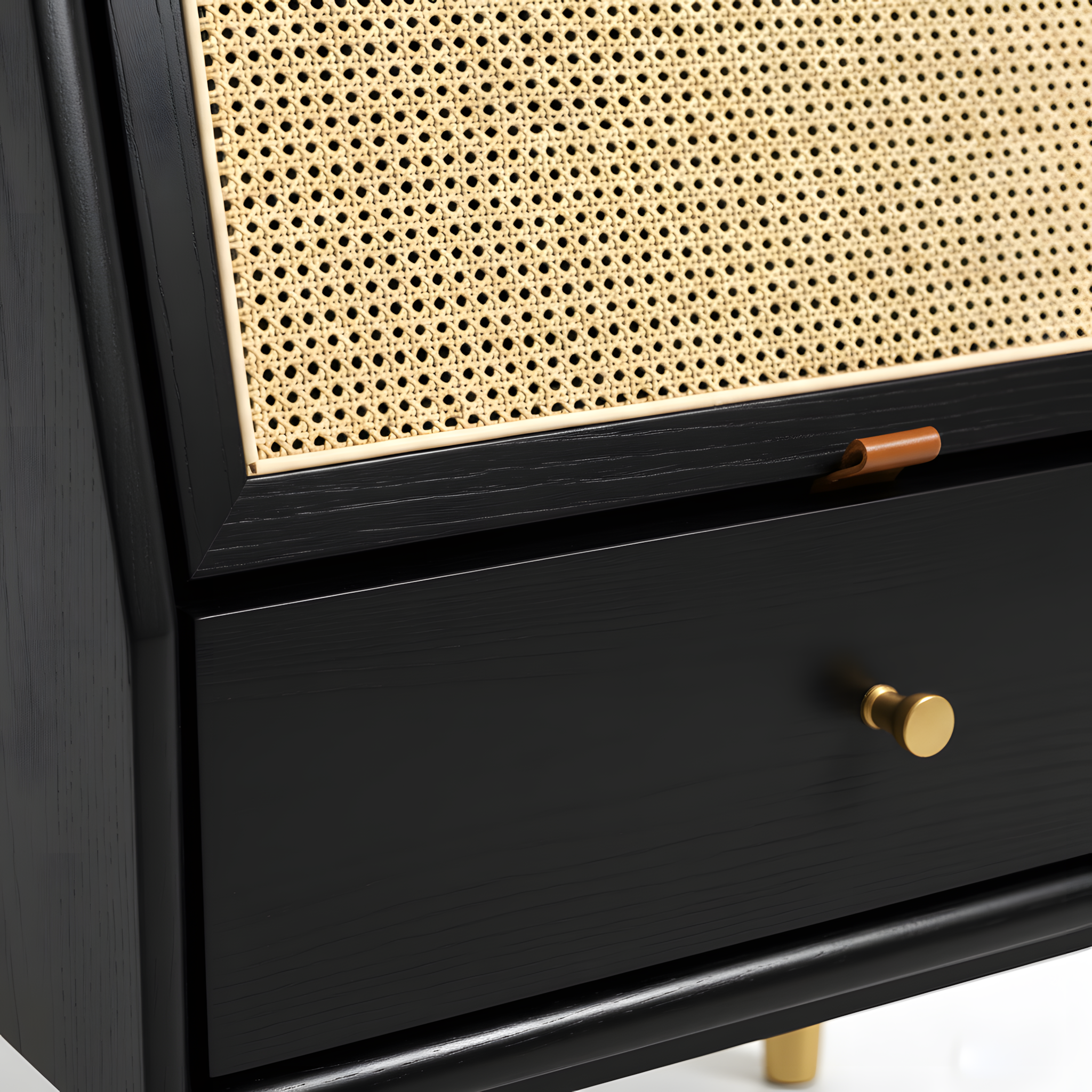 Black Solid Oak Wood Bedside Table Side Storage End Table Shelf w/ Cane Drop-Down Door, Minimalist Nightstand w/ Drawer & Shelf, Easy to Assemble