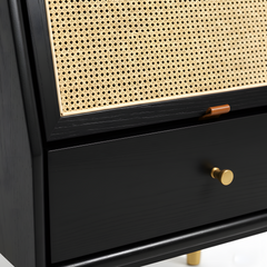 Black Solid Oak Wood Bedside Table Side Storage End Table Shelf w/ Cane Drop-Down Door, Minimalist Nightstand w/ Drawer & Shelf, Easy to Assemble