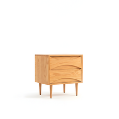 American Solid Oak Wood Bedside Table, Side Storage End Table w/ 2 Drawers, Natural Wood Finish Organizer, Minimalist Nightstand w/ Tapered Legs