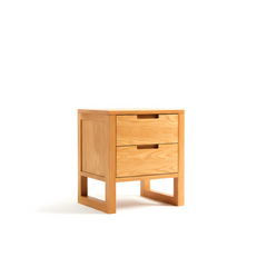 American Solid Oak Wood Side Table Side Storage End Table w/ 2 Drawers, Minimalist Nightstand Organizer w/ Open Rectangular Base