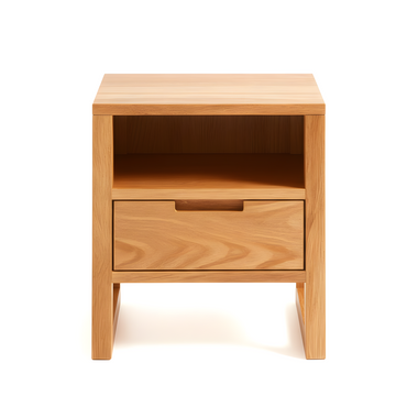 American Solid Oak Wood Side Table Side Storage End Table w/ Drawer and Open Shelf, Minimalist Nightstand Organizer w/ Open Rectangular Base