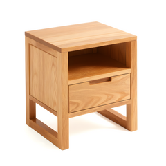 American Solid Oak Wood Side Table Side Storage End Table w/ Drawer and Open Shelf, Minimalist Nightstand Organizer w/ Open Rectangular Base