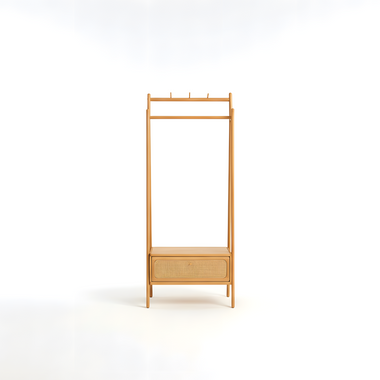 Solid Wood Clothes Rack Stand American Oak Garment Hanger with Hooks and Shelves for Coat Hat Shoe Storage in Entryway Bedroom or Apartment