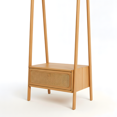 Solid Wood Clothes Rack Stand American Oak Garment Hanger with Hooks and Shelves for Coat Hat Shoe Storage in Entryway Bedroom or Apartment