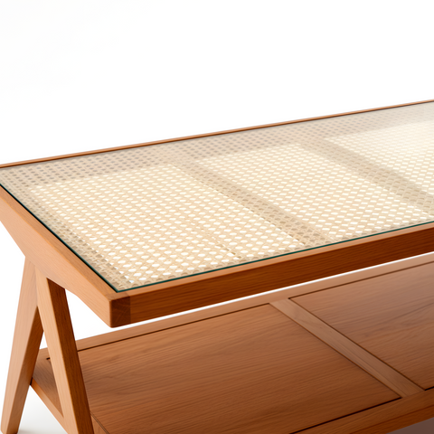 American Cherry Wood Coffee Table Modern Wooden Tables, Rattan Top Center Table For Living Room