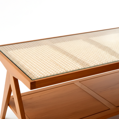 American Cherry Wood Coffee Table Modern Wooden Tables, Rattan Top Center Table For Living Room