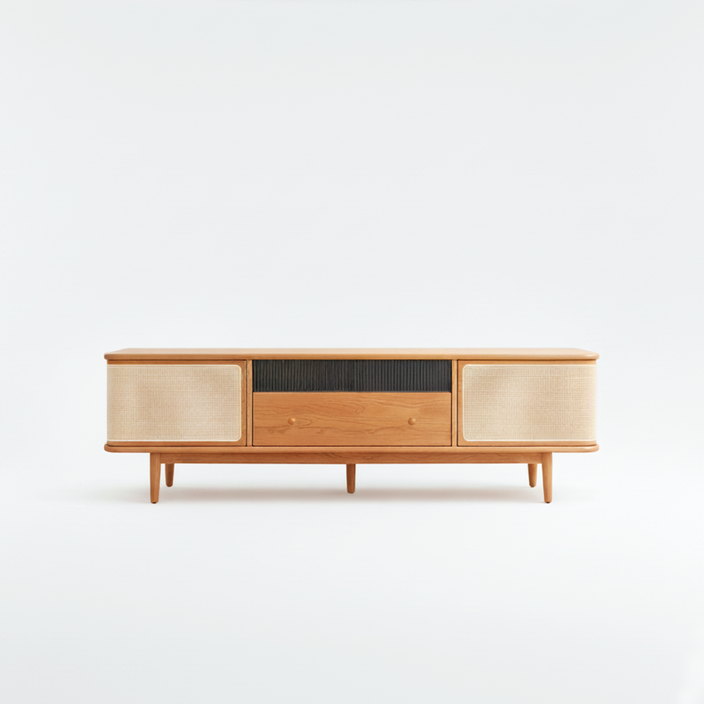 TV Cabinet American Oak Solid Wood Entertainment Unit Console with Rattan Style Doors Storage Shelves for Living Room Bedroom Apartment