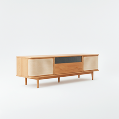 TV Cabinet American Oak Solid Wood Entertainment Unit Console with Rattan Style Doors Storage Shelves for Living Room Bedroom Apartment