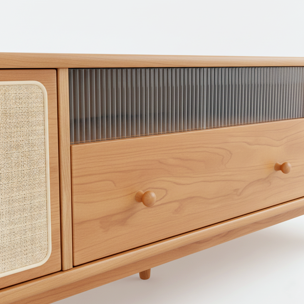 TV Cabinet American Oak Solid Wood Entertainment Unit Console with Rattan Style Doors Storage Shelves for Living Room Bedroom Apartment